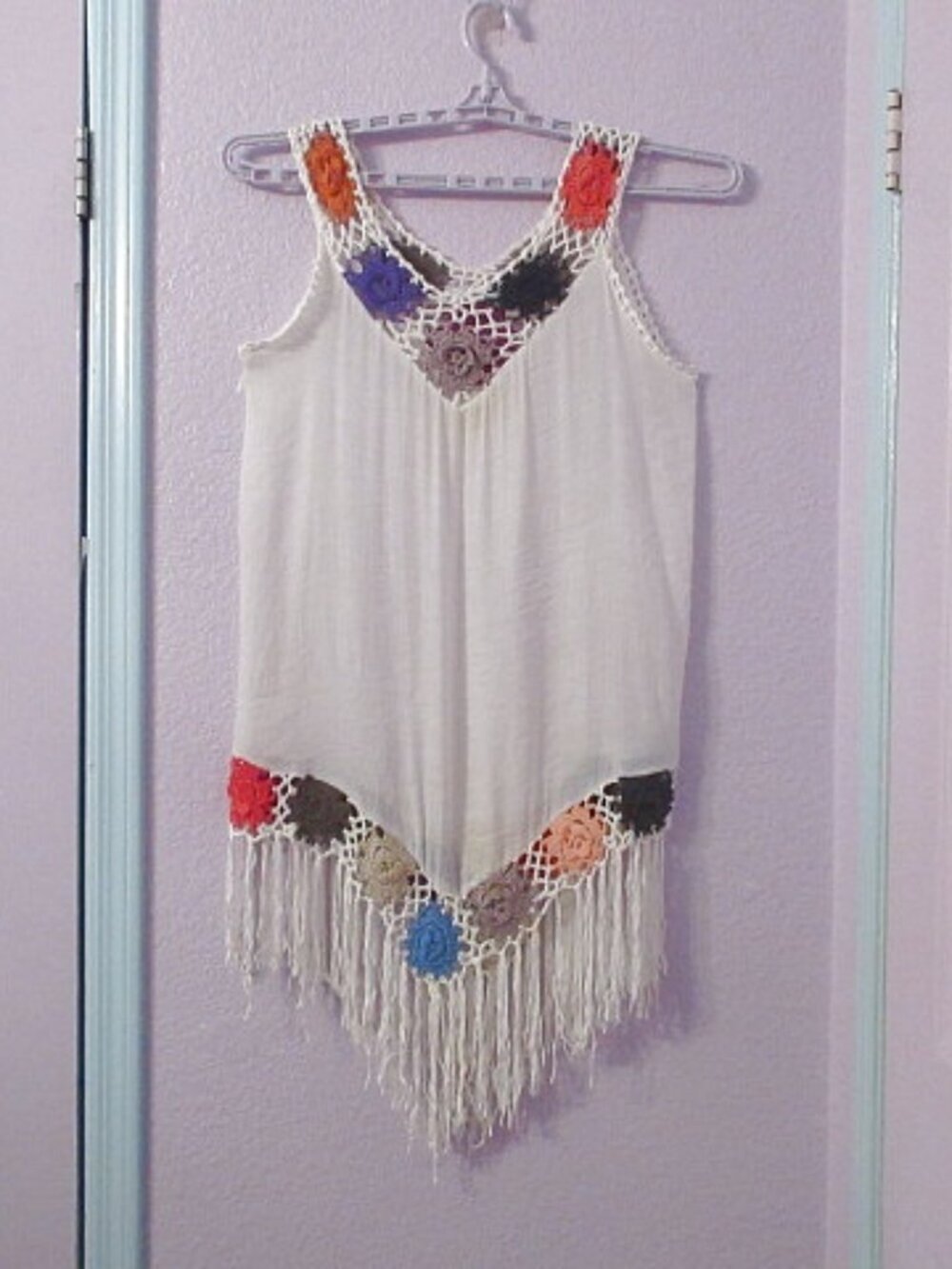 Dasayo Gauze Crochet Boho Fringe Dress Size L Sheer Granny Square Coverup Hippie